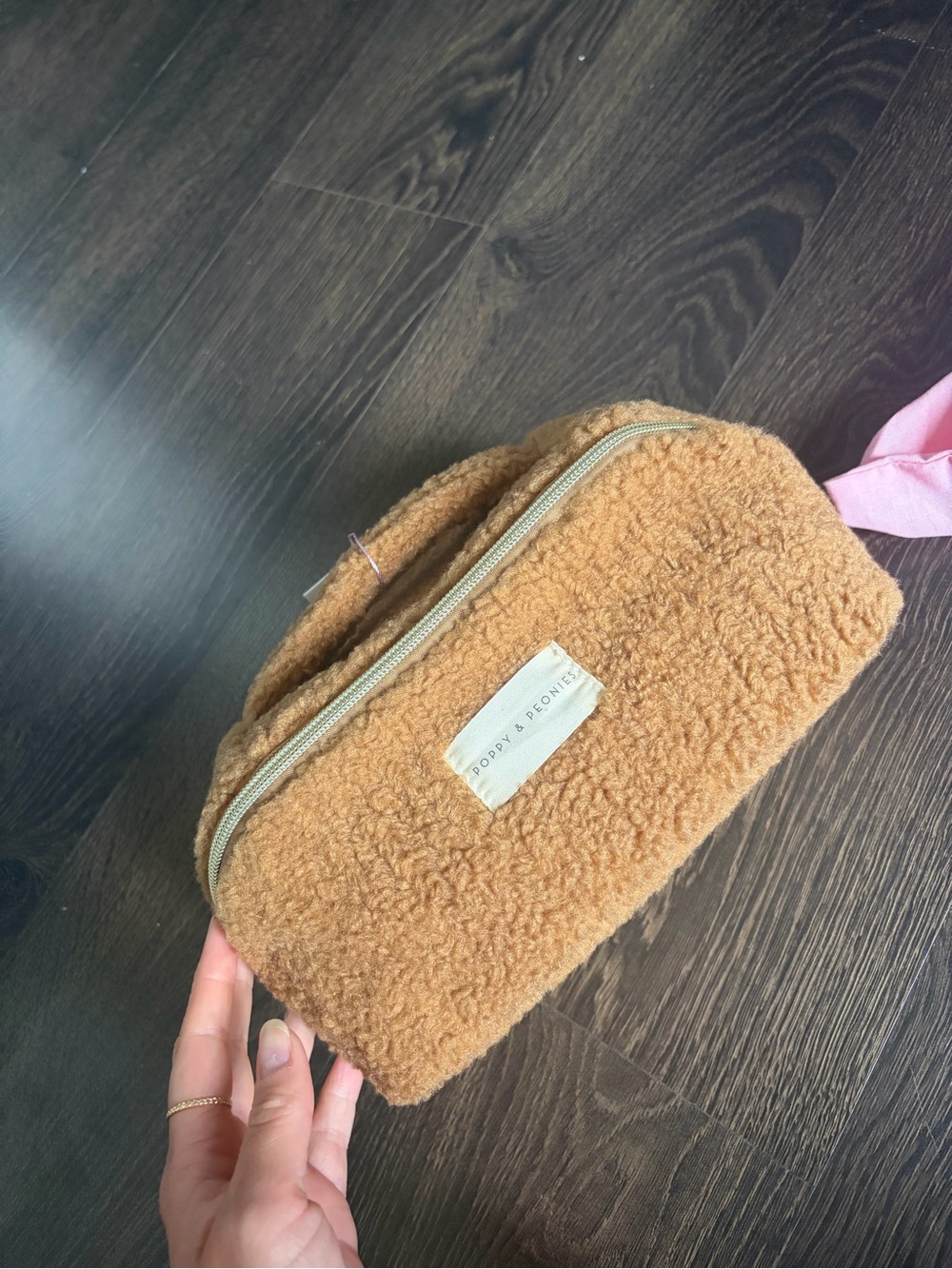 Poppy & Peonies Teddy Fleece Cosmetic Pouch - Camel Brown- NWT